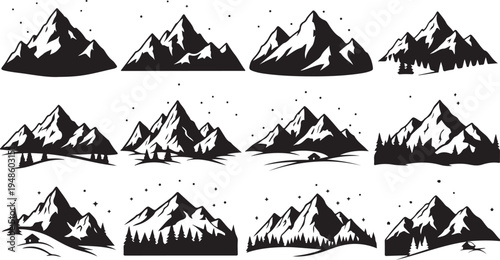 Black and white mountain range landscape icons set illustration