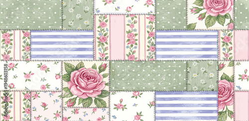 Charming Patchwork Quilt Pattern Featuring Roses and Stripes, a Cozy and Romantic Fabric Design