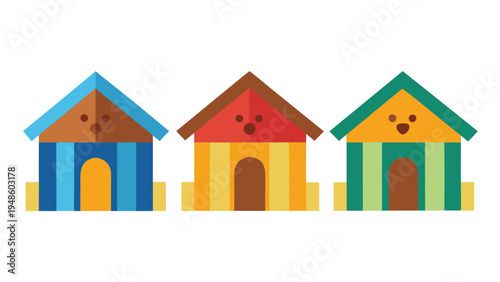 Three striped wooden pet shelters with triangular roofs and arched doors are presented in a flat vector illustration style on a white backdrop.