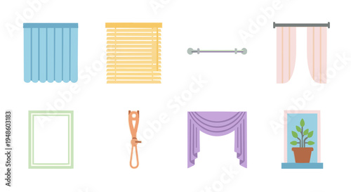 Collection of home decor items including curtains, blinds, curtain rods, drapery, picture frames, eyelash curlers, and potted plants, for interior design and home styling