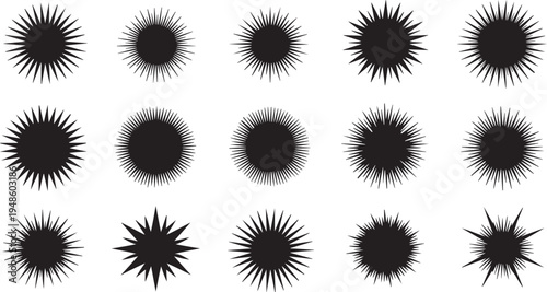 Collection of black sunburst shapes on white background