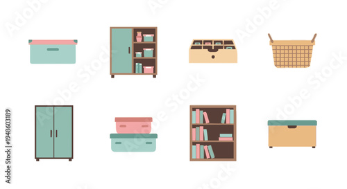 Assortment of modern flat design storage furniture, cabinets, shelves, and various organizational containers for efficient home and office decluttering solutions