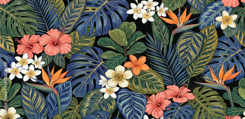 Vibrant Tropical Jungle Pattern with Exotic Foliage and Colorful Flowers - Seamless Botanical Design for Fabric, Wallpaper, and Digital Backgrounds