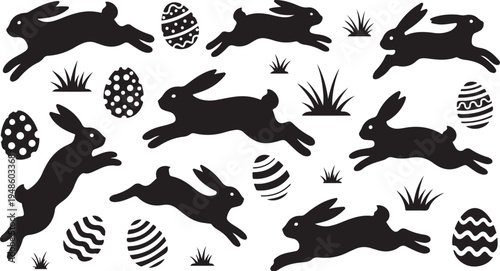 Easter bunny silhouettes jumping with eggs and grass pattern