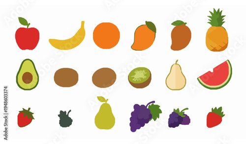 Fresh fruit collection cartoon vector apple banana pineapple watermelon tropical food set
