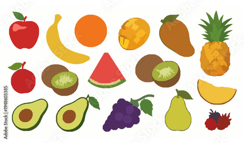 Bright tropical fruit collection cartoon vector apple banana grapes and berries set