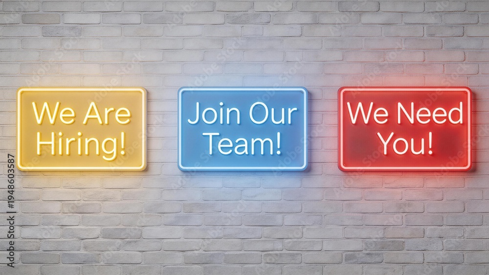Fototapeta premium Neon signs on brick wall hiring message