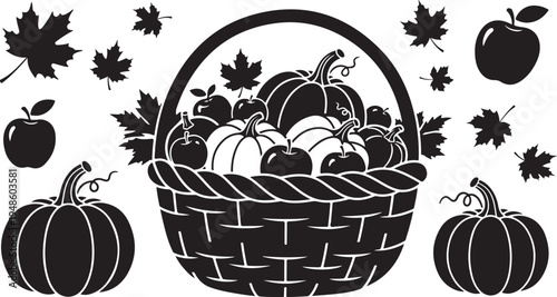 Black and white illustration of autumn harvest basket scene