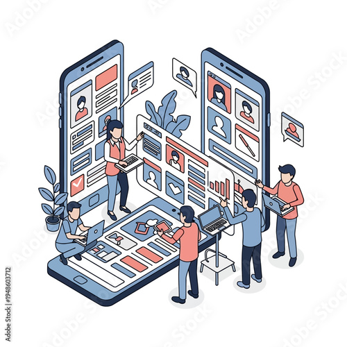 Isometric illustration of app developers working on mobile phone interfaces and user experience design.