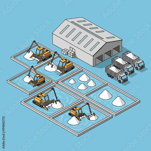 Isometric illustration of salt production, featuring machinery, storage, and transportation.