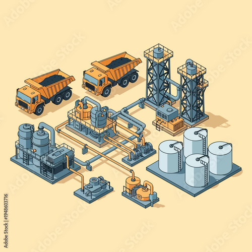 Isometric illustration of a coal processing plant with trucks, tanks, and industrial equipment.