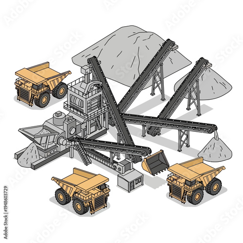 Isometric view of a mining operation with trucks, conveyors, and processing equipment.