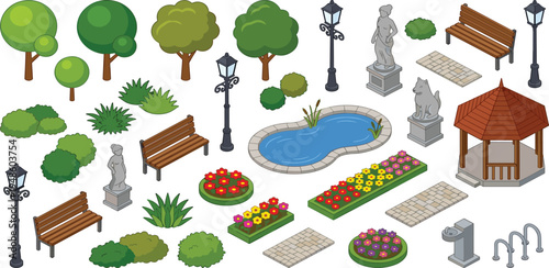 Detailed Isometric Garden and Park Asset Pack Featuring Trees, Benches, Lampposts, and Floral Decor for Landscape Design Projects and Virtual Scene Creation