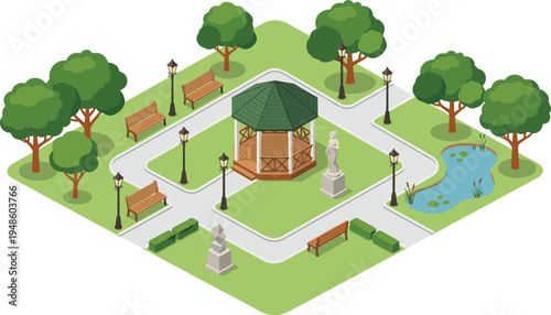 Isometric park illustration featuring a bandstand, benches, lamp posts, trees, a pond, and statues