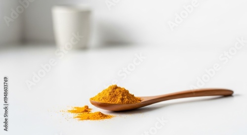 Wooden spoon with vibrant yellow spice on a white surface, blurred background with cup