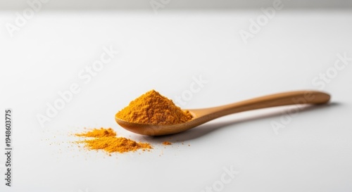 Wooden spoon filled with vibrant yellow powder on a white surface, with scattered grains