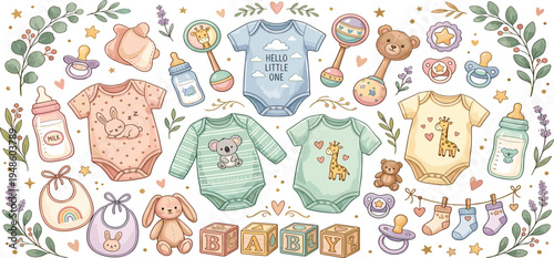 Adorable baby clothes and accessories, perfect for newborns and baby showers, featuring cute animal prints and essential items for little ones