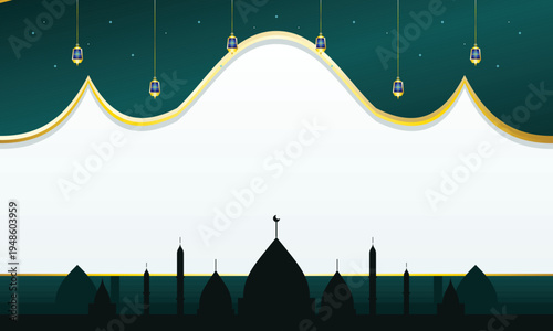 Ramadan background with mosque silhouette and hanging lanterns
