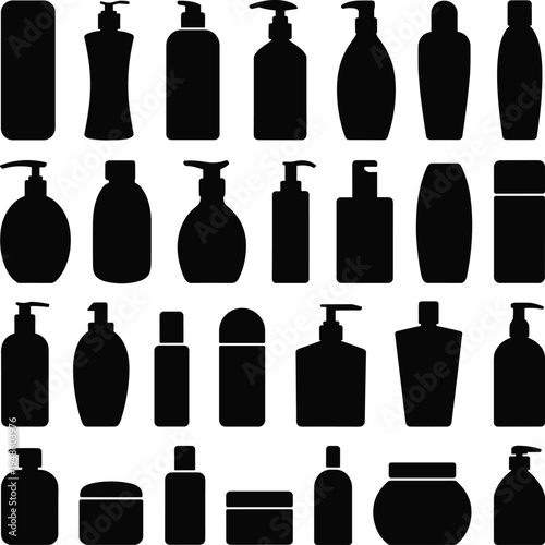 PrintCosmetic container silhouette collection, toiletry packaging design, pump bottle illustration, lotion jar vector, personal care product shapes, beauty packaging artwork
