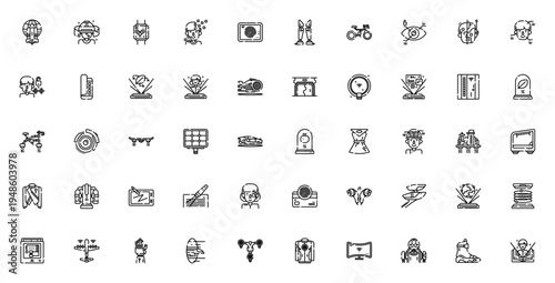 Future world technology icon set. Vector illustrations of rocket, hologram, android, drone, VR, biometrics, teleport, hover vehicles and more. Modern flat design.