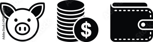 PrintPiggy bank silhouette, coin stack icon, wallet illustration, financial savings design, money currency symbol, personal finance vector, banking economy artwork