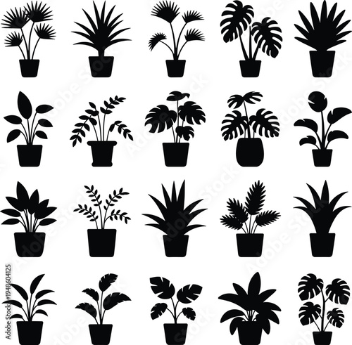 PrintPotted plant silhouette collection, indoor foliage variety, decorative houseplants grid, botanical leaf shapes, black vector illustration, home decor greenery design