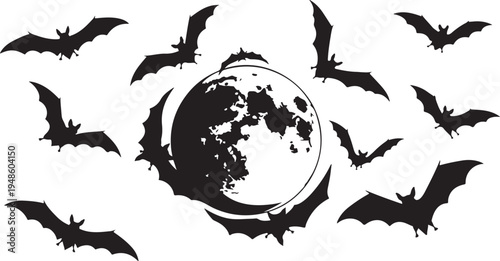 Bats flying around the full moon in the night