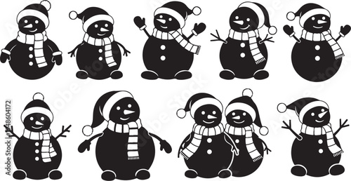 Black and white snowmen in various festive poses illustration