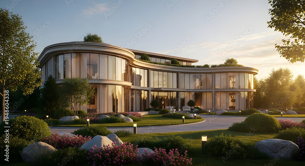 Fototapeta premium Modern Architectural Masterpiece with Curved Facade and Lush Landscaping.