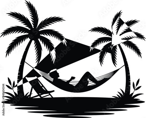 PrintTropical hammock silhouette, palm trees beach relaxation, summer vacation leisure scene, island paradise resting person, tranquil holiday escape, peaceful outdoor retreat