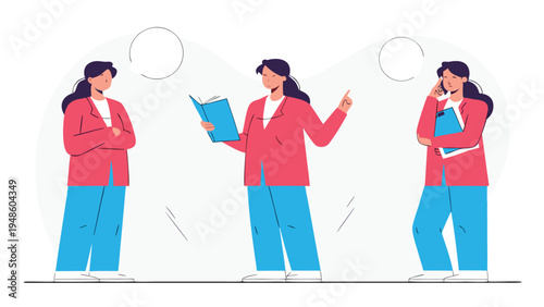 Three full-length illustrations of a businesswoman in a coral jacket and blue pants show her in different professional poses holding a book and a tablet.