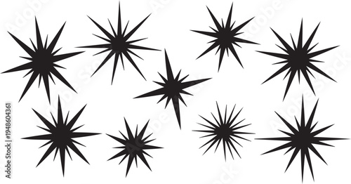 Black starburst shapes on white background graphic design elements