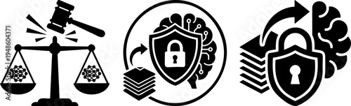 Artificial intelligence ethics and legal tech silhouettes with scales of justice and secure data document icons