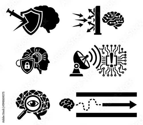 Cyber defense and machine learning oversight silhouettes including shields, signal satellites and data flow conduits