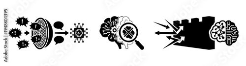 Biotechnology and AI analysis silhouettes featuring neural networks, magnifying glasses and security barriers