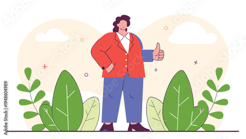 A confident woman in a coral jacket and blue trousers gives a thumbs up gesture while standing in a garden setting with large green leaves and clouds.