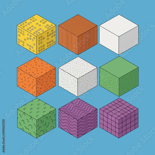 Isometric cubes with various textures and patterns arranged in a grid formation.