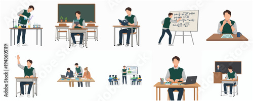 Flat Illustration Set of Student in Various Activity at School
