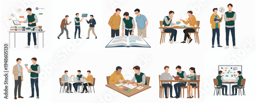 Casual Illustration of Young Students in Different Learning Situations and Activities