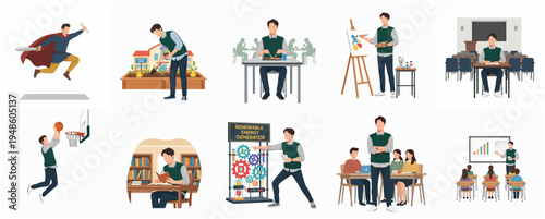 Diverse Activities Conceptual Illustration Featuring a Young Man in Various Scenarios