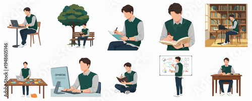 Minimalist Flat Illustration of a Student in Various Learning Environments and Activities