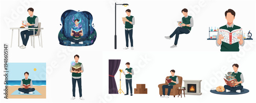 Diverse Flat Illustration of Man Reading Book in Different Situations
