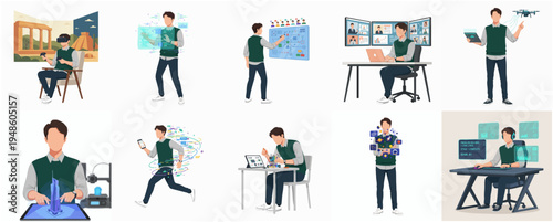 Modern Flat Illustration Set of Young Man Working with Technology