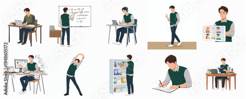 Diverse Flat Illustration Set of a Young Man Doing Daily Activities