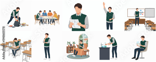 Flat Illustration of a Male Student in Various School and Home Activities