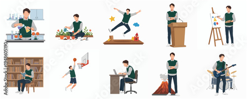 Flat Design Man Various Hobbies and Activities Set Illustration Concept
