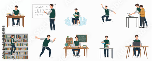 Flat Design Student Character in Different Learning and Activity Poses Illustration