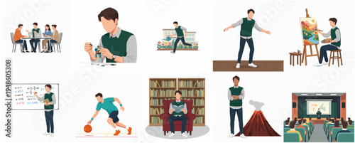 Flat Design Education Activities and Learning Concept Illustration with Student in Action