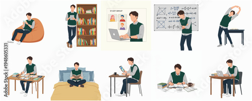 Flat Illustration of Man in Various Activities, Studying and Relaxing at Home
