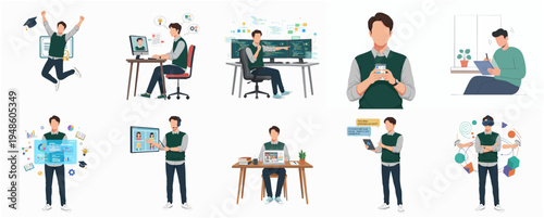 Flat Illustration Set of Young Man with Various Activity Occupation